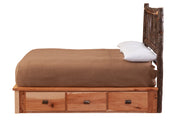 Side view of the Black Mountain Hickory Log Platform Bed Underbed Dresser under a platform bed
