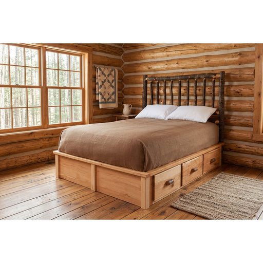 Black Mountain Hickory Log Platform Bed Underbed Dresser staged in a sunlit log cabin bedroom