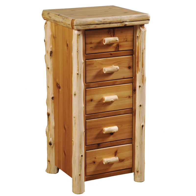 Angled view of the Blanca Peak Cedar Log Narrow Storage Chest showing five drawers with cedar log pulls