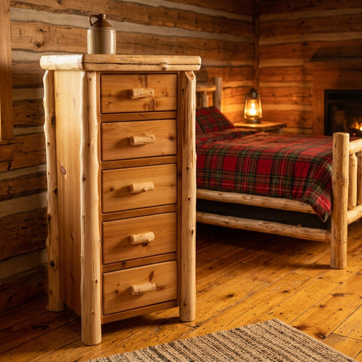 Blanca Peak Cedar Log Narrow Storage Chest staged in a log cabin bedroom beside a plaid log bed and fireplace