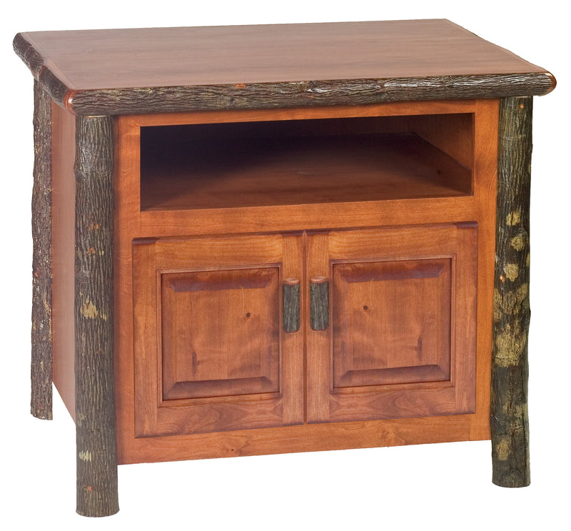 Angled view of the Bowen Mountain Hickory Log TV Stand in Cinnamon showing the cubby and cabinet