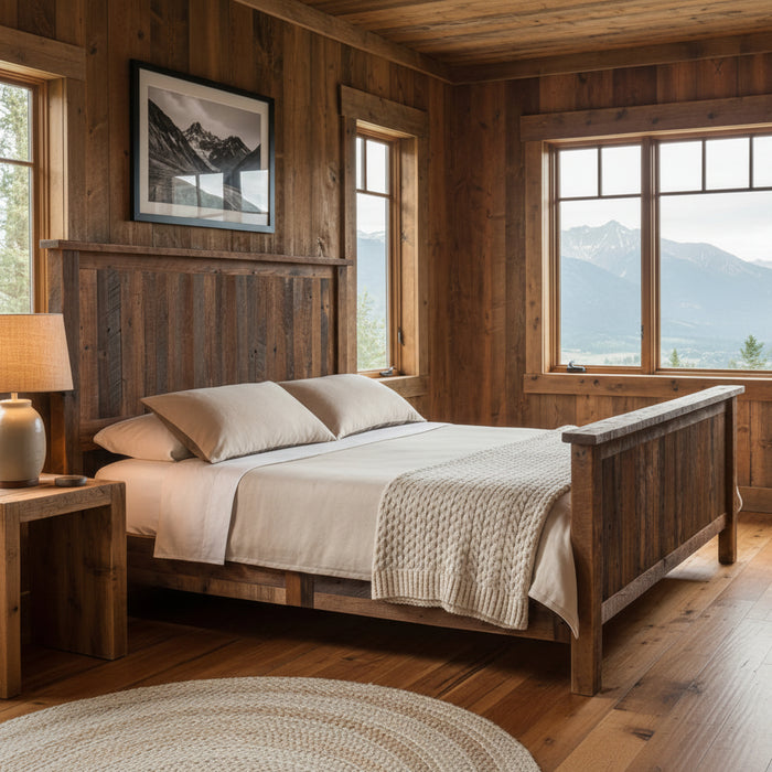 Bozeman reclaimed barnwood bed in a rustic mountain lodge bedroom
