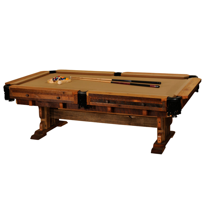 Angled view of the Breckinridge Peak Reclaimed Barnwood Pool Table with tan felt and a trestle base