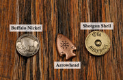 Ball sight styles shown for the Breckinridge Peak Reclaimed Barnwood Pool Table: buffalo nickel, arrowhead, and shotgun shell