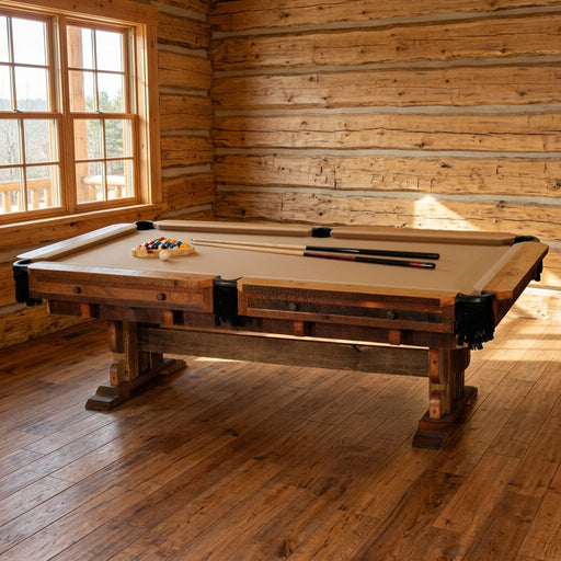 Breckinridge Peak Reclaimed Barnwood Pool Table staged in a sunlit log cabin game room