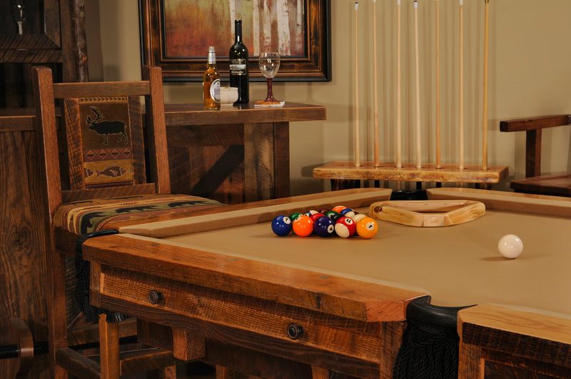 Breckinridge Peak Reclaimed Barnwood Pool Table in a cabin game room beside a barnwood bar