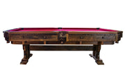 Side view of the Breckinridge Peak Reclaimed Barnwood Pool Table with red felt