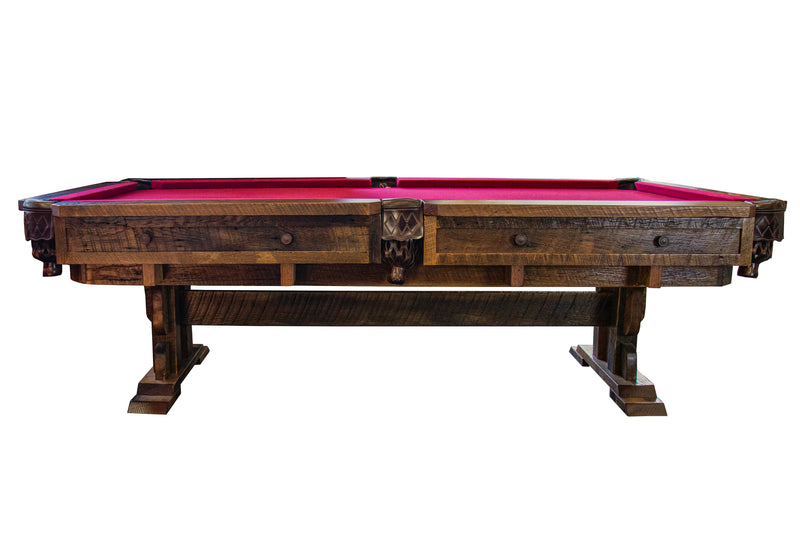Side view of the Breckinridge Peak Reclaimed Barnwood Pool Table with red felt