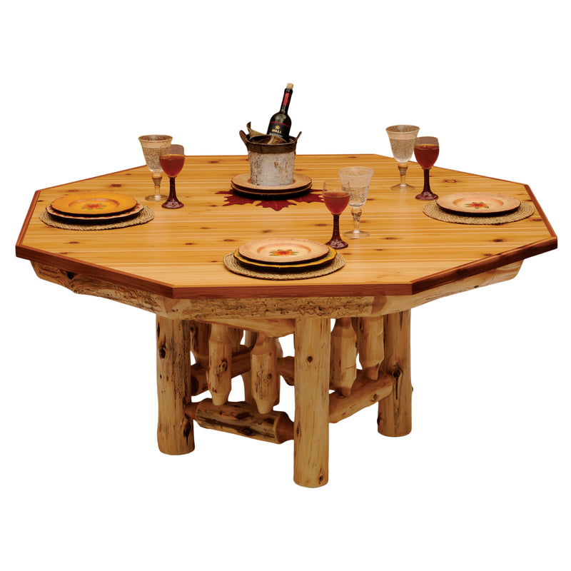 Angled view of the Bristol Head Cedar Log Poker Table Cover on an eight-sided poker table