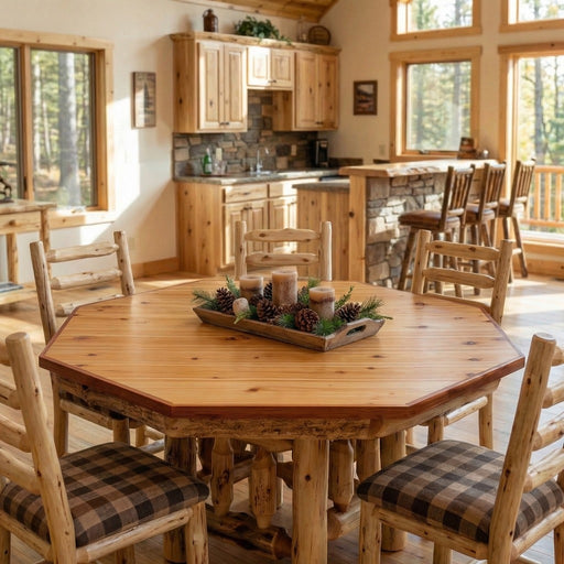 Bristol Head Cedar Log Poker Table Cover on a poker table in a rustic cabin dining room