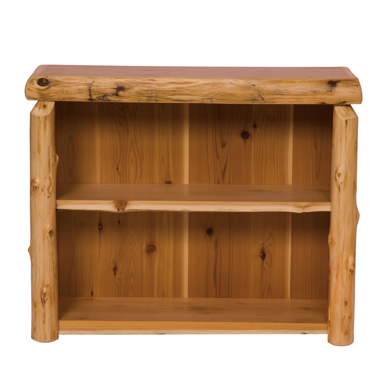 Angled view of the Bross Peak Cedar Log Open Bookcase