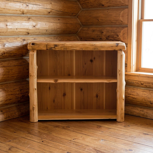 Bross Peak Cedar Log Open Bookcase staged in a sunlit log cabin living room