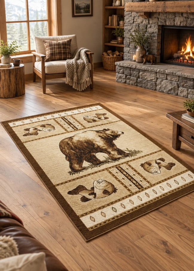 Brown Bear Fishing Rug Living Room | The Cabin Shack