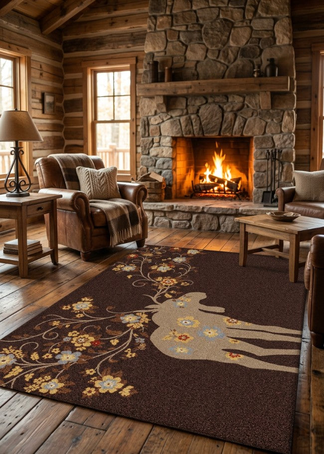 Brown Moose Retreat Lodge Rug Collection Living Room | The Cabin Shack