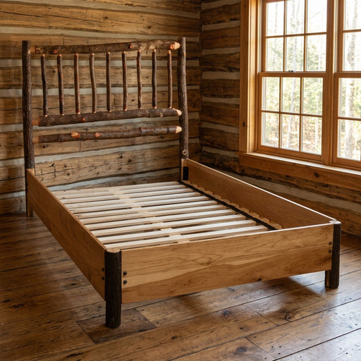 Browns Peak Hickory Log Traditional Bed with Rail System staged in a sunlit log cabin bedroom