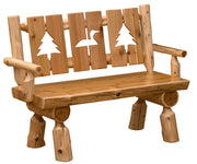 Angled view of the Buckskin Mountain Cedar Log Cutout Bench in the 4-foot length