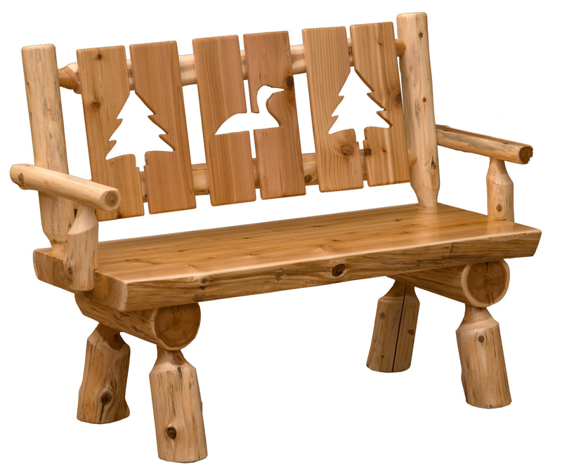 Angled view of the Buckskin Mountain Cedar Log Cutout Bench in the 4-foot length