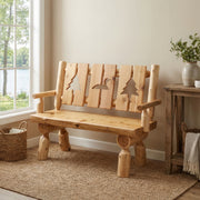 Buckskin Mountain Cedar Log Cutout Bench with assorted cutouts in a cabin sitting room