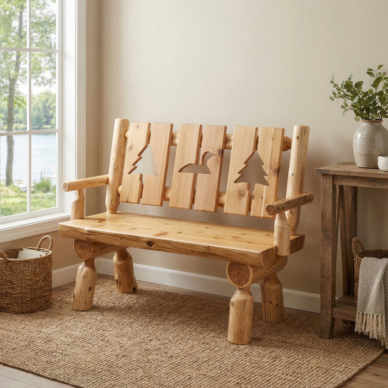 Buckskin Mountain Cedar Log Cutout Bench with assorted cutouts in a cabin sitting room