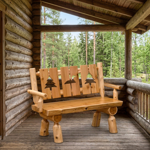 Buckskin Mountain Cedar Log Cutout Bench staged on a sunlit log cabin porch