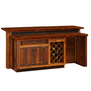 Angled view of the Buckskin Peak Reclaimed Barnwood Bar with Storage Cabinet with an Artisan Top