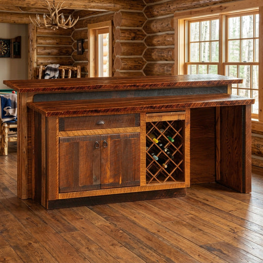 Buckskin Peak Reclaimed Barnwood Bar with Storage Cabinet staged in a sunlit log cabin game room