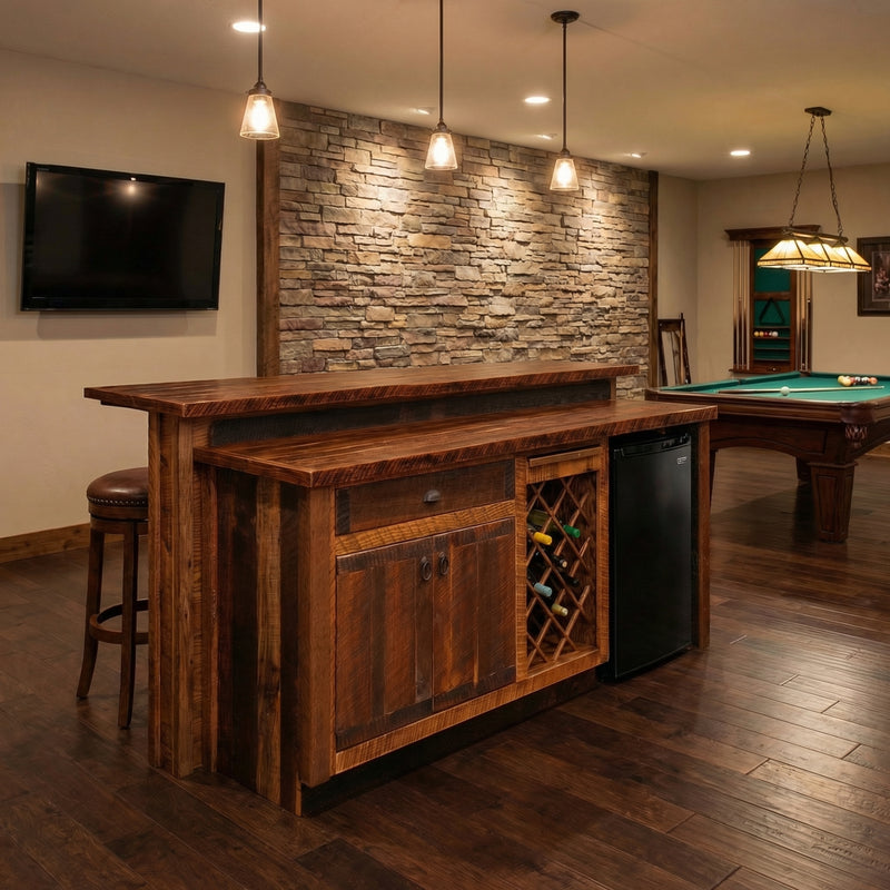 Buckskin Peak Reclaimed Barnwood Bar with Storage Cabinet with an Artisan Top in a bright cabin game room