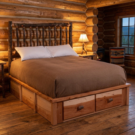 Buffalo Mountain Hickory Log Footboard Dresser staged at the foot of a hickory log platform bed in a log cabin bedroom