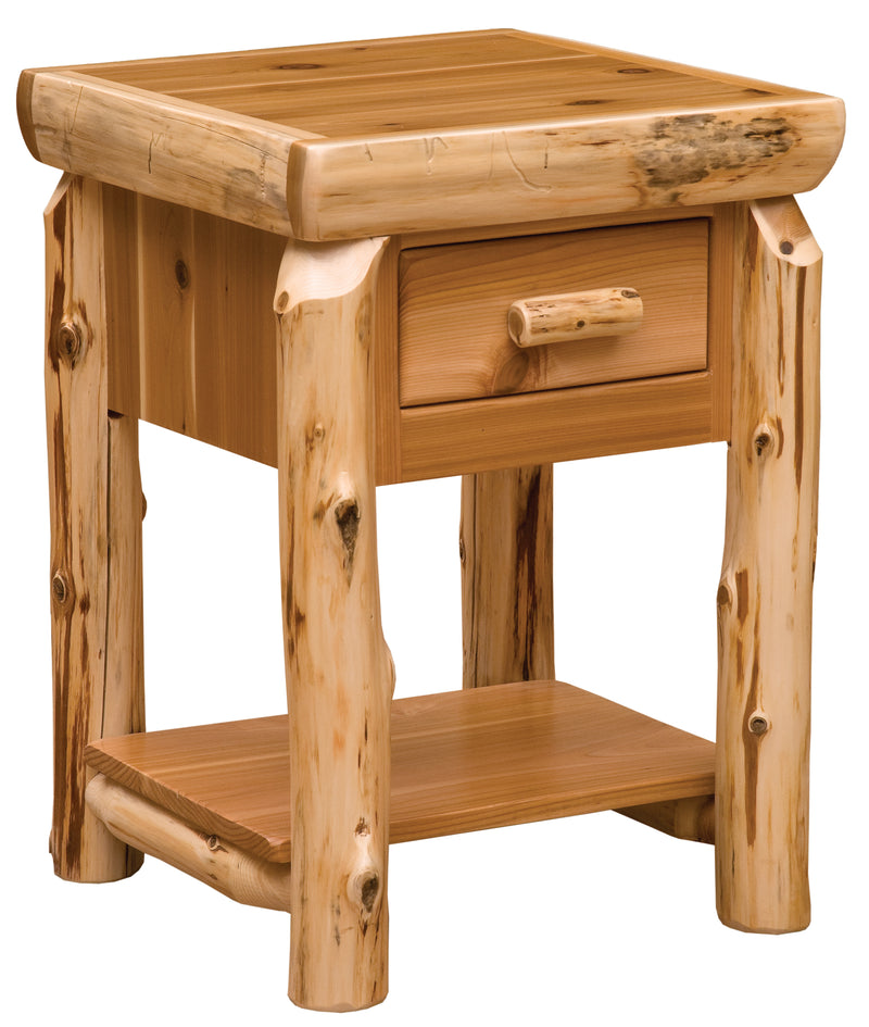 Angled view of the Buffalo Peak Cedar Log End Table with Drawer and Shelf