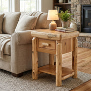 Buffalo Peak Cedar Log End Table with Drawer and Shelf in a rustic cabin living room