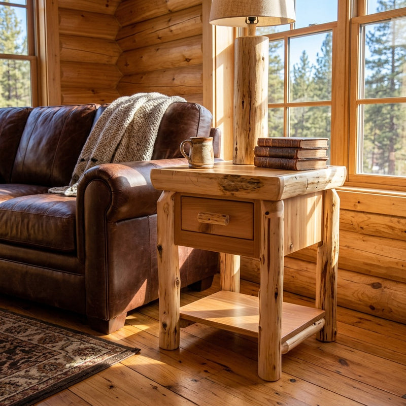 Buffalo Peak Cedar Log End Table with Drawer and Shelf staged in a sunlit log cabin living room
