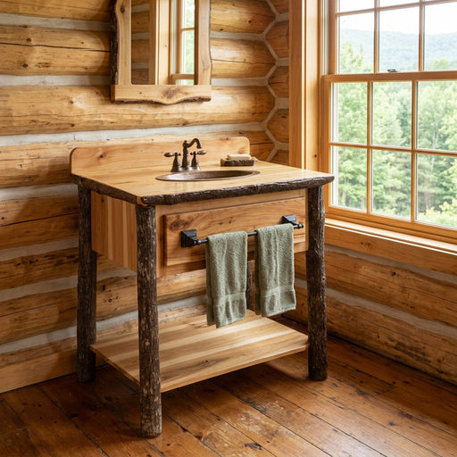 Bushnell Peak Hickory Log Open Vanity with Slab Top staged in a sunlit log cabin bathroom