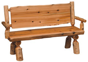 Angled view of the Byers Peak Cedar Log Bench with Back showing the solid back and arms