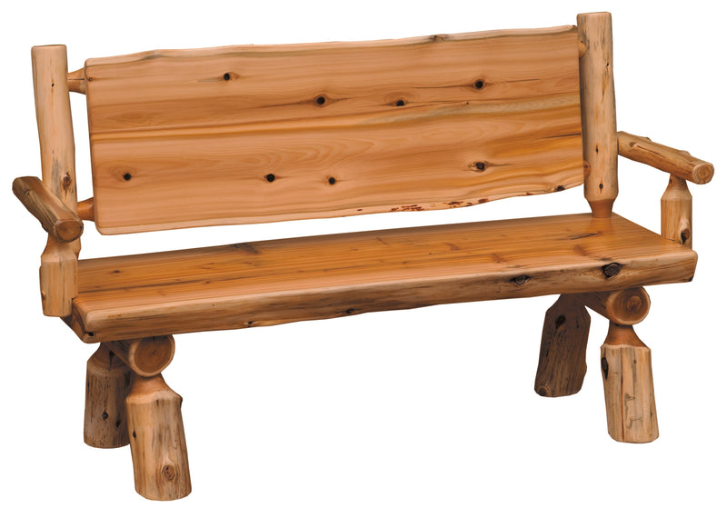 Angled view of the Byers Peak Cedar Log Bench with Back showing the solid back and arms