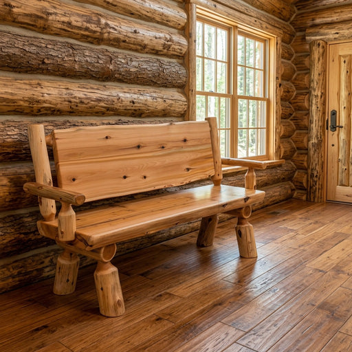 Byers Peak Cedar Log Bench with Back staged in a sunlit log cabin entryway