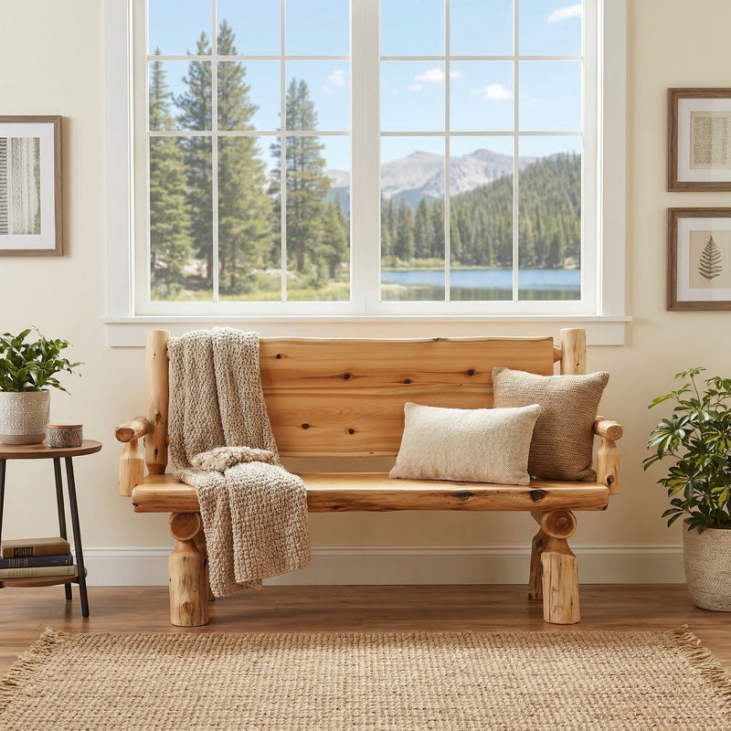 Byers Peak Cedar Log Bench with Back in Natural in a bright cabin room