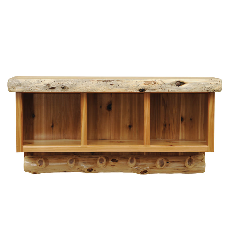 Angled view of the Cameron Cone Cedar Log Hanging Locker Shelf