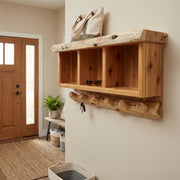 Cameron Cone Cedar Log Hanging Locker Shelf in a rustic cabin entryway