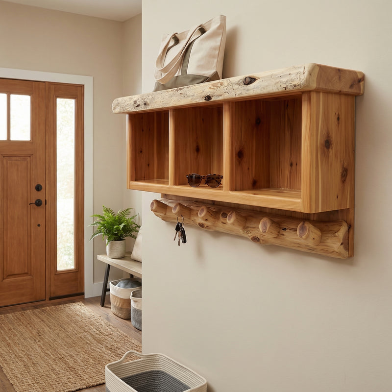 Cameron Cone Cedar Log Hanging Locker Shelf in a rustic cabin entryway
