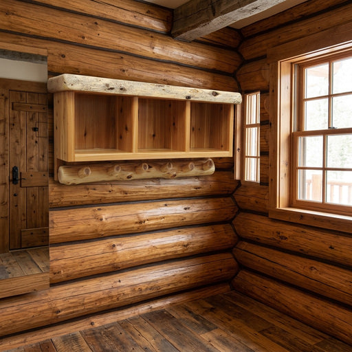 Cameron Cone Cedar Log Hanging Locker Shelf staged in a sunlit log cabin entryway