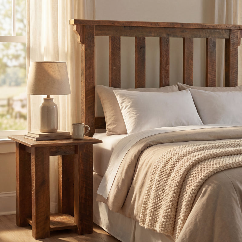 Capitol Peak Reclaimed Barnwood Post Headboard behind cream bedding with a knit throw and a barnwood nightstand in a bright farmhouse bedroom