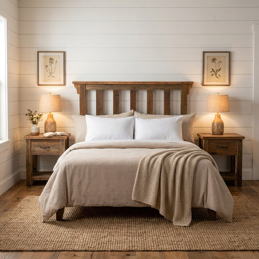 Capitol Peak Reclaimed Barnwood Post Headboard staged between twin nightstands and lamps in a white shiplap farmhouse bedroom
