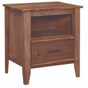 Angled view of the Carbon Peak Live Edge Walnut Cubby Nightstand