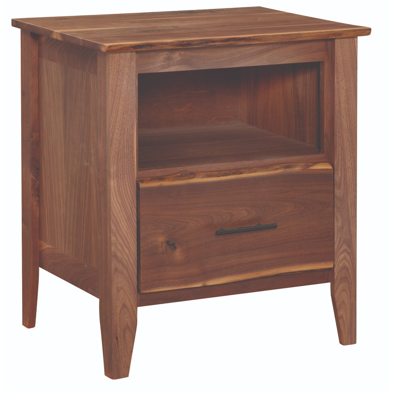 Angled view of the Carbon Peak Live Edge Walnut Cubby Nightstand