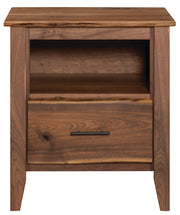 Front view of the Carbon Peak Live Edge Walnut Cubby Nightstand