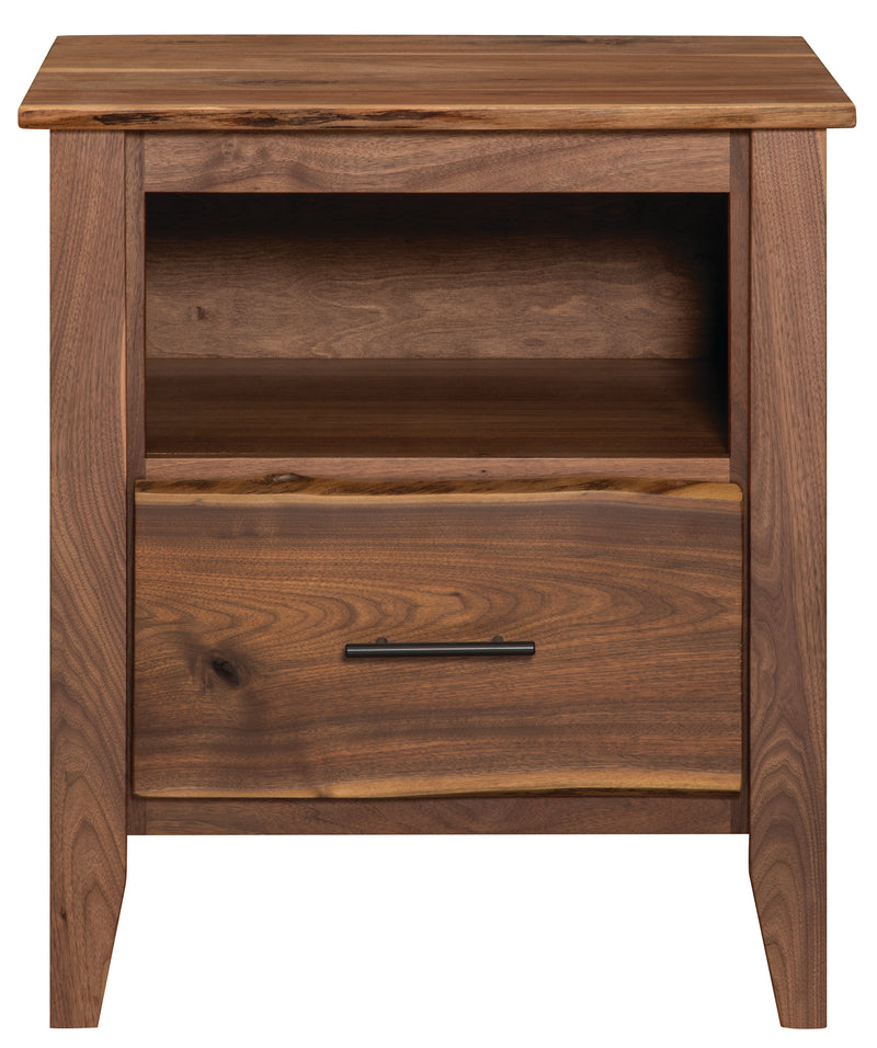 Front view of the Carbon Peak Live Edge Walnut Cubby Nightstand