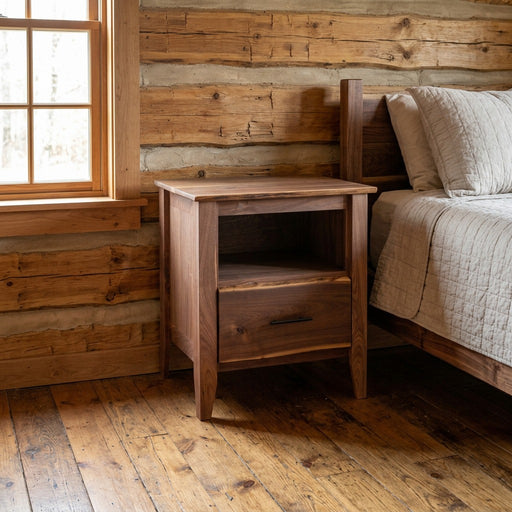 Carbon Peak Live Edge Walnut Cubby Nightstand staged in a sunlit log cabin bedroom