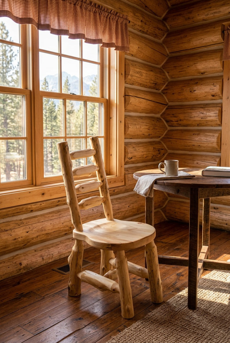 Carson Peak Cedar Ladder Back Bistro Chair staged in a sunlit log cabin breakfast nook