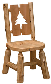Angled view of the Cascade Mountain Cedar Log Cutout Dining Side Chair with the pine tree cutout