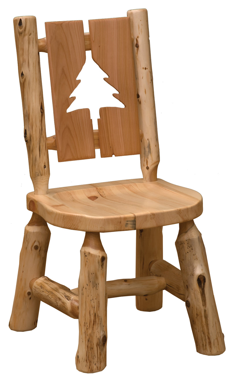 Angled view of the Cascade Mountain Cedar Log Cutout Dining Side Chair with the pine tree cutout
